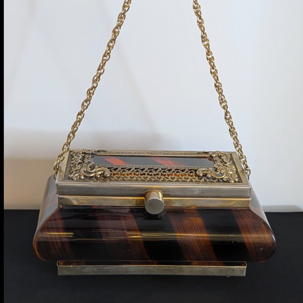 Wow TYROLEAN Amber & Black Lucite and Brass Purse from the 1950s, w/ Mirror